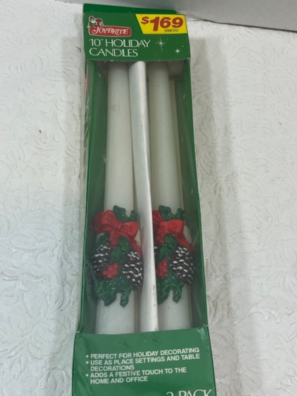 VTG Joybrite 10" Holiday Wax Taper Candles Ribbon Pine Cones Holly 2-Pack Decor